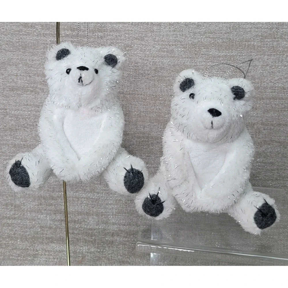 Target Polar Bear Christmas Ornaments Set of 2 White Tinsel Plush Retired Nice